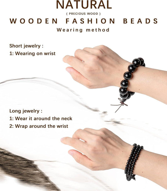 Dark wooden beaded bracelet worn on wrist with multiple strands.