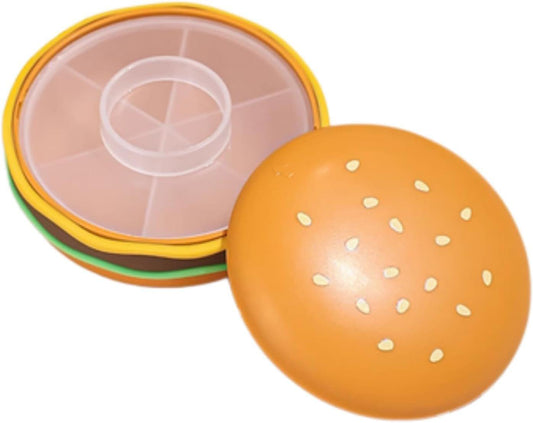 Hamburger-shaped 6-compartment pill case with orange top lid and yellow-green rim
