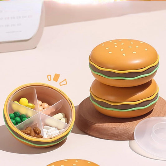 Stacked hamburger pill cases, open 6-grid organizer with orange lid and green base