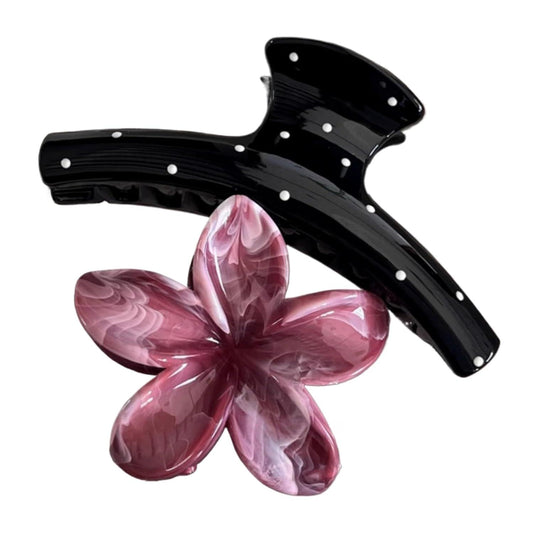 Black hair claw clips with white polka dots and pink 3D flower detail