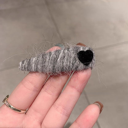 2 Pack Fuzzy Stripy Hair Clips with Velvet Heart for Women Winter, Classy Gray/Red Barrettes Korean Style Hair Pins (Grey)