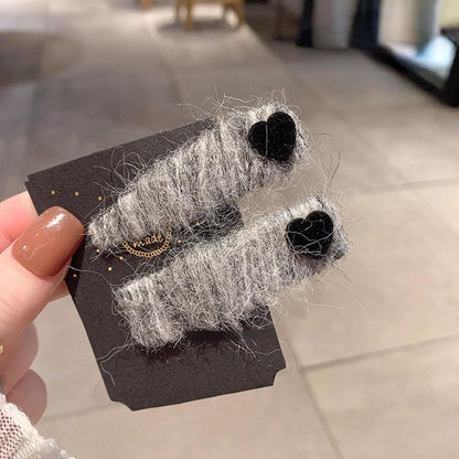 2 Pack Fuzzy Stripy Hair Clips with Velvet Heart for Women Winter, Classy Gray/Red Barrettes Korean Style Hair Pins (Grey)