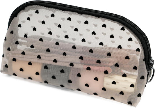 Half-round mesh makeup bag with zipper, beige with black hearts, clear panel