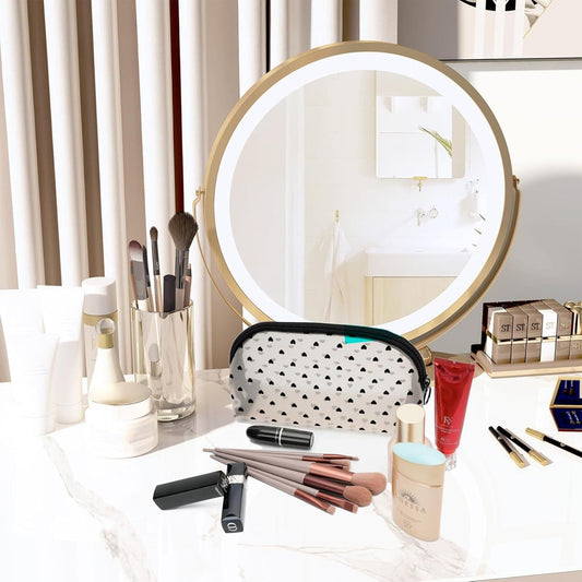 Half-round mesh makeup bag with zipper, beige and black heart print, black-trimmed edge