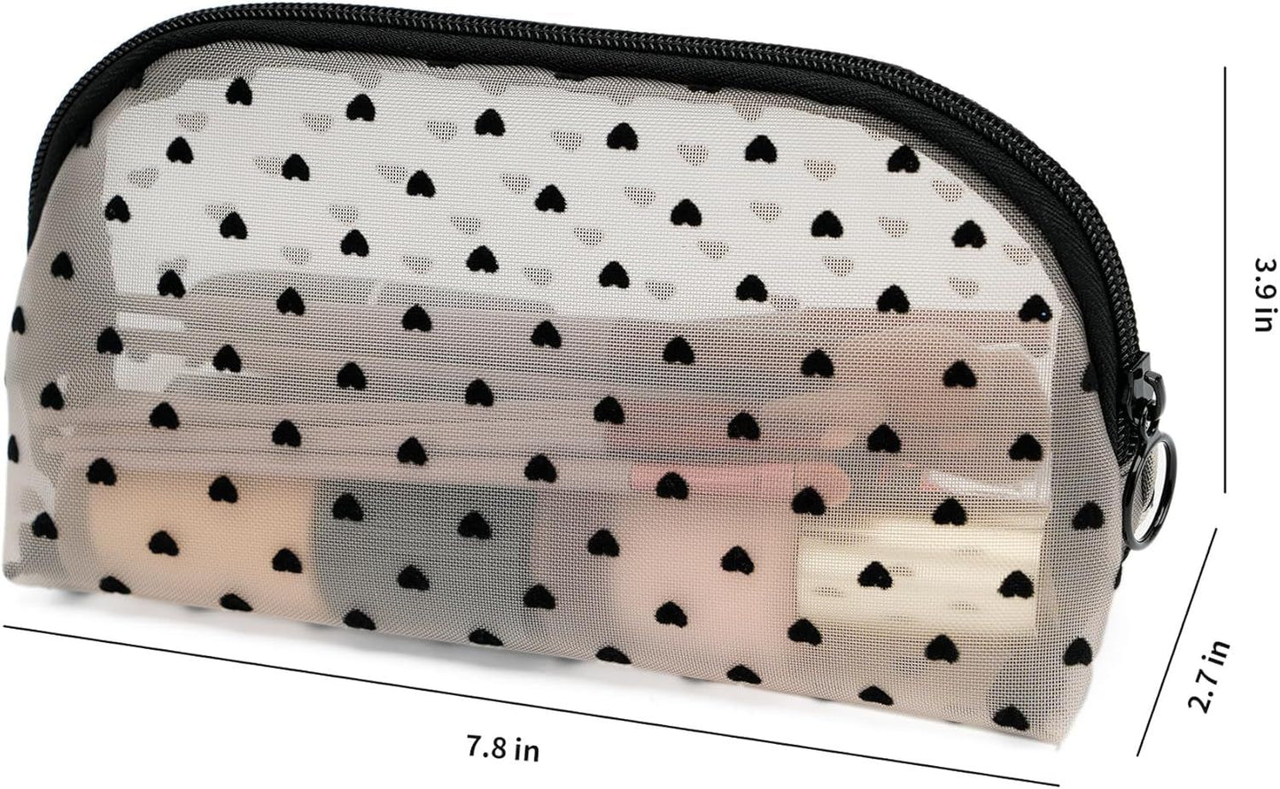 Portable Mesh Makeup Bag with Zipper Small Travel Toiletry Bag Lightweight Cosmetic Pouch (Beige&Black Heart Half Round)