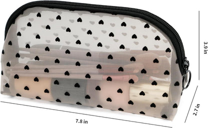 Portable Mesh Makeup Bag with Zipper Small Travel Toiletry Bag Lightweight Cosmetic Pouch (Beige&Black Heart Half Round)