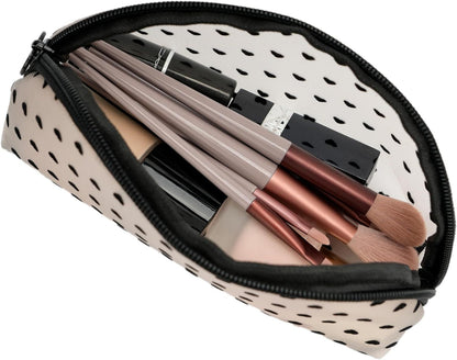 Portable Mesh Makeup Bag with Zipper Small Travel Toiletry Bag Lightweight Cosmetic Pouch (Beige&Black Heart Half Round)