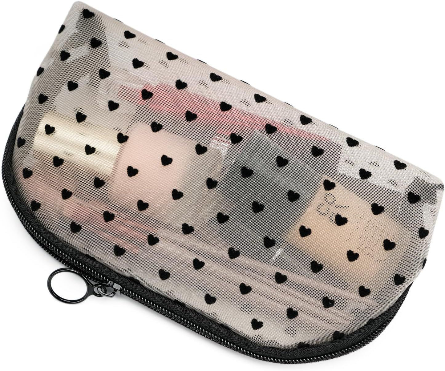 Portable Mesh Makeup Bag with Zipper Small Travel Toiletry Bag Lightweight Cosmetic Pouch (Beige&Black Heart Half Round)