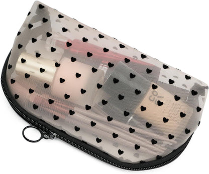 Portable Mesh Makeup Bag with Zipper Small Travel Toiletry Bag Lightweight Cosmetic Pouch (Beige&Black Heart Half Round)