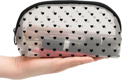Portable Mesh Makeup Bag with Zipper Small Travel Toiletry Bag Lightweight Cosmetic Pouch (Beige&Black Heart Half Round)