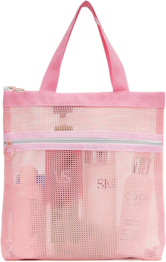 Pink mesh hanging organizer bag with two zippered sections and top carry handles