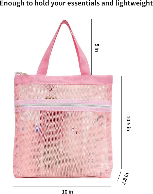 Pink mesh hanging toiletry bag with double zippered front and long carry straps