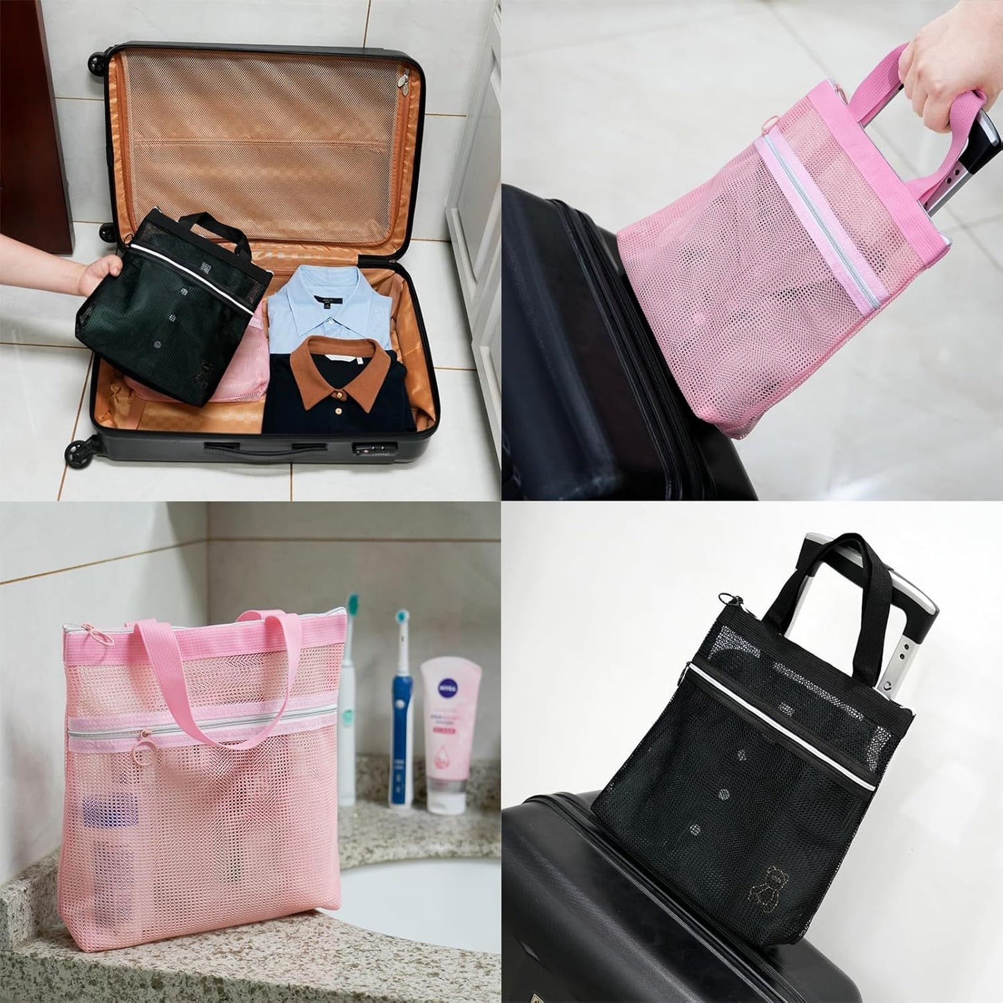 Mesh Shower Caddy Bag Portable Small Hanging Toiletry Tote Bag for Gym Travel Beach Bathroom Sunscreen (Pink)