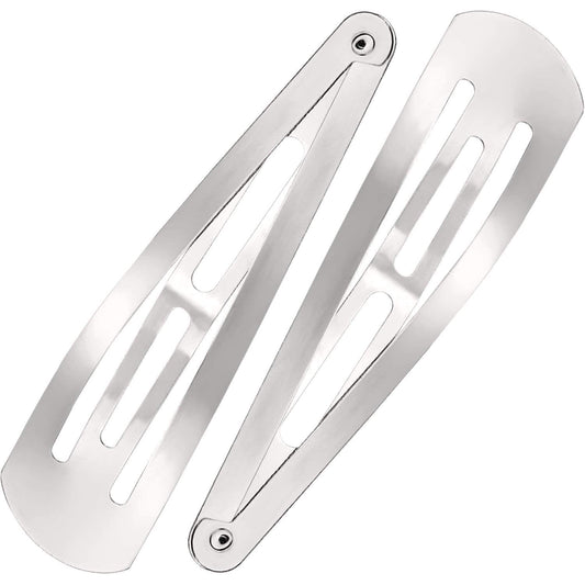 Silver metal snap hair clip barrette, curved with two prongs