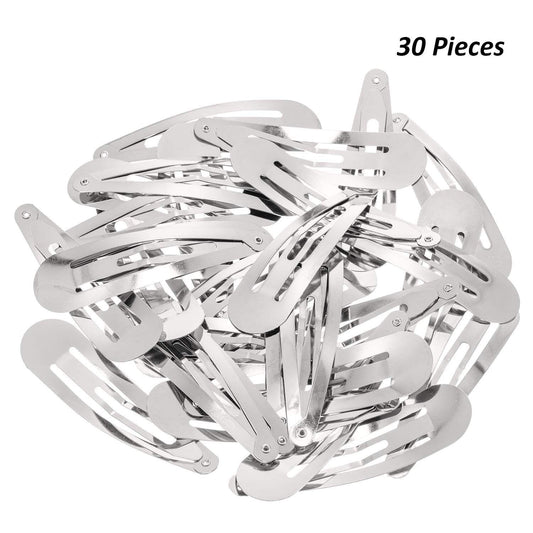 Set of silver metal snap hair clip barrettes, many pieces with cutouts