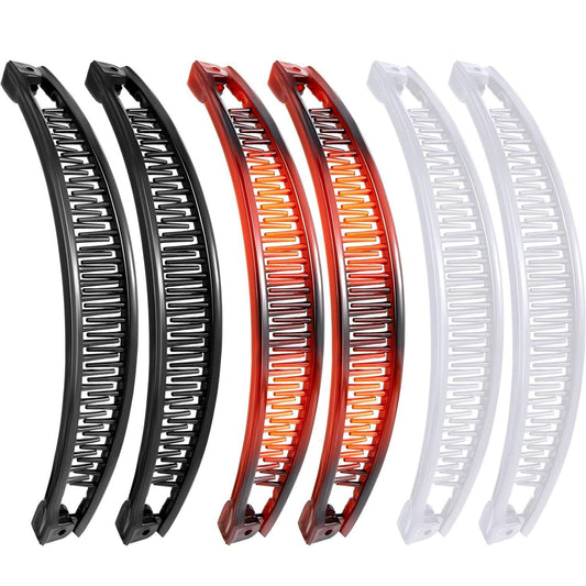 Banana hair clips set of 6 with black, red-brown, white colors and curved comb teeth