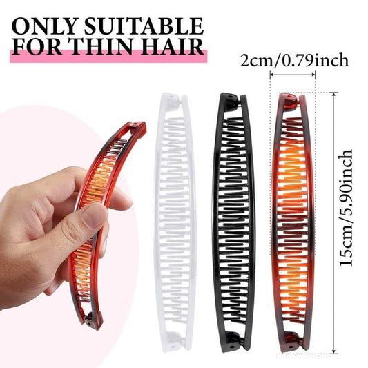 Banana hair clips with teeth in white, red-brown, and black, 2 cm wide