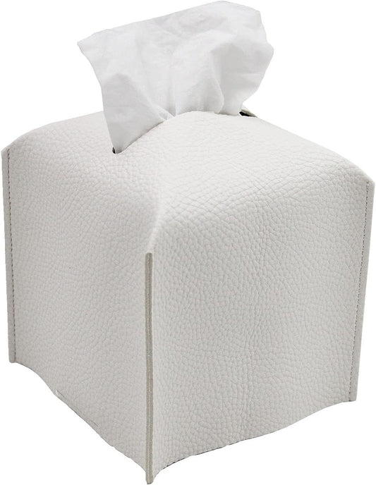 Off-white square PU leather tissue box cover with textured finish and tissue opening