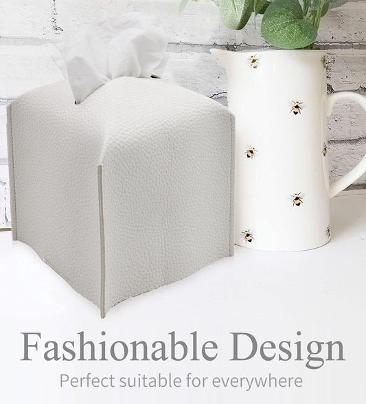 Off-white square tissue box cover with open front flap and embossed texture