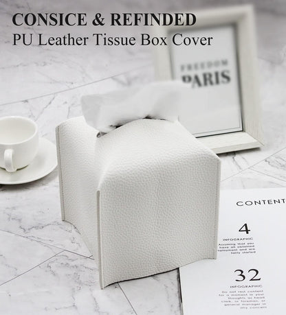 Tissue Box Cover, Square Decorative PU Leather Tissue Box Holder Modern Tissue Case Facial Paper Organizer Dispenser for Bathroom, Vanity Countertop, Night Stands, Desk 5X5X5'' | Off White