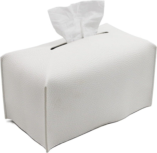 Off-white rectangular tissue box cover in textured PU leather, open top slot