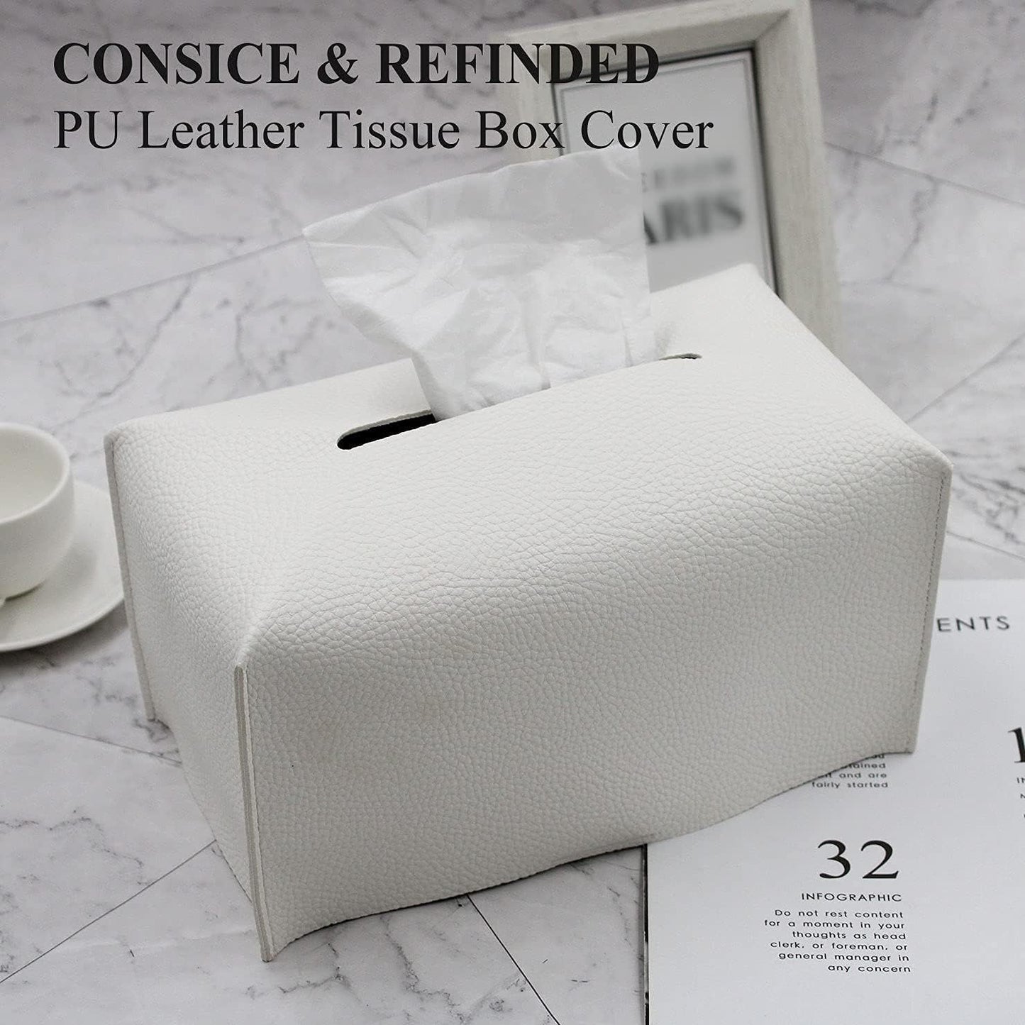 Tissue Box Cover, Modern Decorative PU Leather Rectangular Tissue Box Case Organizer Holder for Vanity Countertop, Night Stands, Livingroom, Office Desk & Car 9.5X5X5'' | Off White