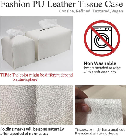 Tissue Box Cover, Modern Decorative PU Leather Rectangular Tissue Box Case Organizer Holder for Vanity Countertop, Night Stands, Livingroom, Office Desk & Car 9.5X5X5'' | Off White