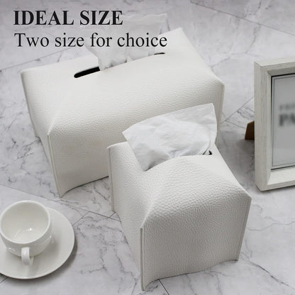 Tissue Box Cover, Modern Decorative PU Leather Rectangular Tissue Box Case Organizer Holder for Vanity Countertop, Night Stands, Livingroom, Office Desk & Car 9.5X5X5'' | Off White