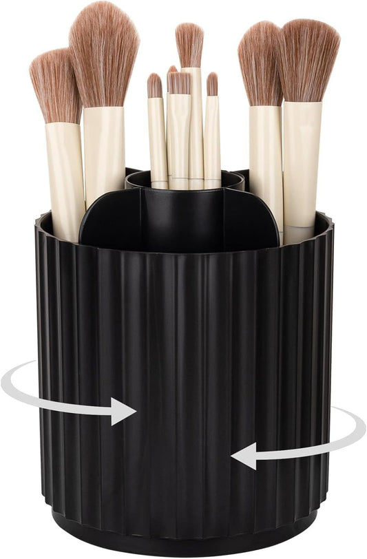 Black 360° rotating makeup brush holder organizer with upright slots, striped cylinder