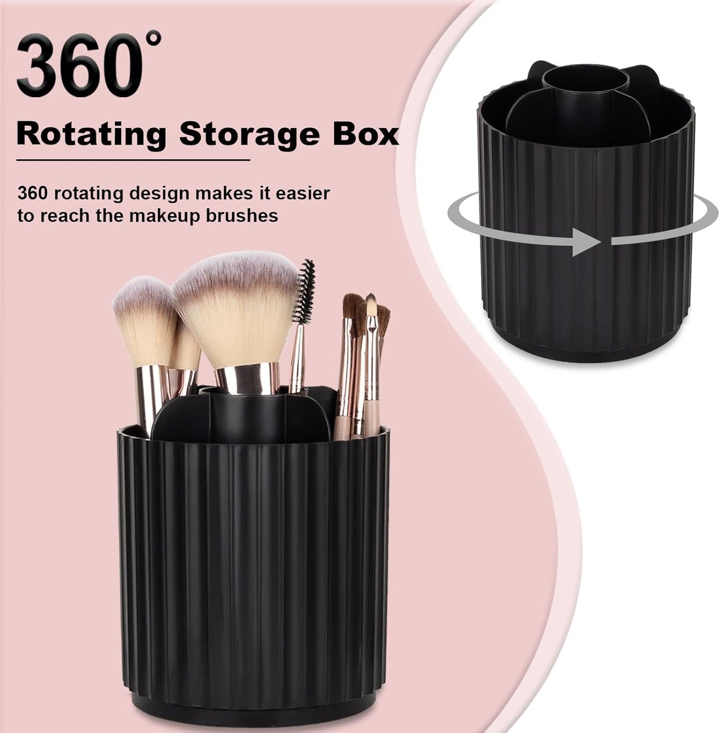 Makeup Brush Holder Organizer 360°Rotating Make Up Brushes Container for Vanity, Spinning Cosmetics Storage Cup, Stripe Black