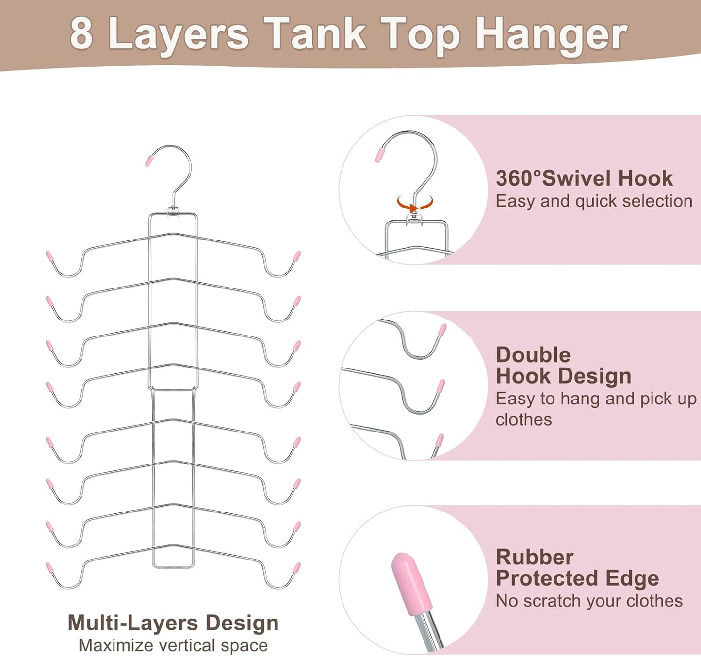 TOPIA HANGER 4 Pack Gym Clothes Organizer, 2 Pack Tank Top Hangers with 2 Pack Leggings Hangers Space Saving Hang 20 Sets Tank Top Bra with Leggings Shorts Pants for Closet Women Pink CT78P