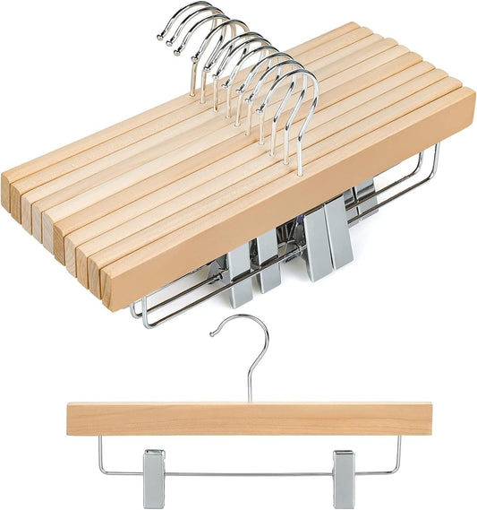 Natural wooden kids pants and skirt hanger with chrome clips and curved metal hook