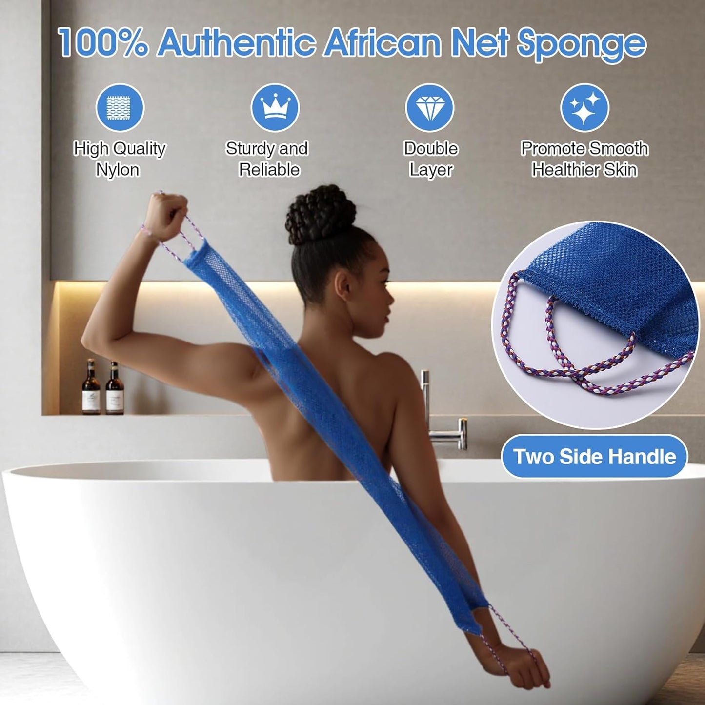 3 Pcs African Net Bath Sponge Double Layer Exfoliating Washcloth Body Scrubber with Handle for Adult and Kids