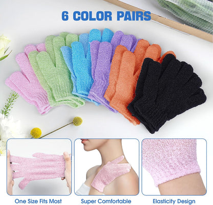 6 Pairs Exfoliating Bath Gloves Mitt Body Scrubber for Shower, Spa, Massage, Dead Skin Remover Bathing Accessories Women Men