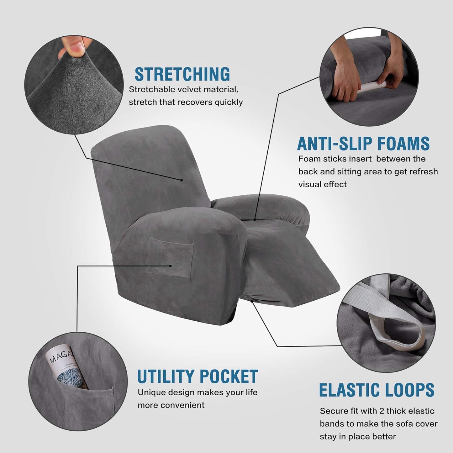 Velvet Recliner Chair Covers 1-Piece for Reclining Chair, Recliner Cover Feature Thick Luxury and Soft Fabric with Elastic Bottom, Anti-Slip Foams Attached (Grey, Large)
