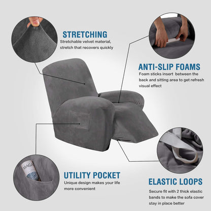 Velvet Recliner Chair Covers 1-Piece for Reclining Chair, Recliner Cover Feature Thick Luxury and Soft Fabric with Elastic Bottom, Anti-Slip Foams Attached (Grey, Large)
