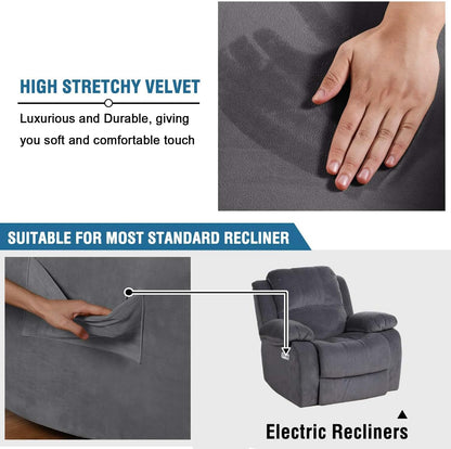 Velvet Recliner Chair Covers 1-Piece for Reclining Chair, Recliner Cover Feature Thick Luxury and Soft Fabric with Elastic Bottom, Anti-Slip Foams Attached (Grey, Large)