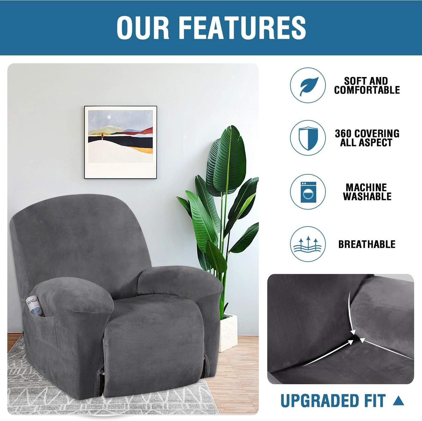 Velvet Recliner Chair Covers 1-Piece for Reclining Chair, Recliner Cover Feature Thick Luxury and Soft Fabric with Elastic Bottom, Anti-Slip Foams Attached (Grey, Large)