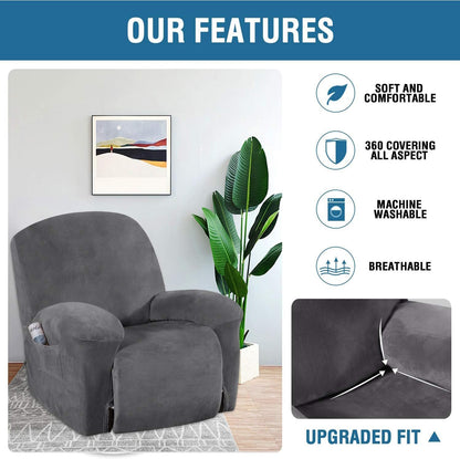 Velvet Recliner Chair Covers 1-Piece for Reclining Chair, Recliner Cover Feature Thick Luxury and Soft Fabric with Elastic Bottom, Anti-Slip Foams Attached (Grey, Large)