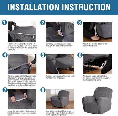 Velvet Recliner Chair Covers 1-Piece for Reclining Chair, Recliner Cover Feature Thick Luxury and Soft Fabric with Elastic Bottom, Anti-Slip Foams Attached (Grey, Large)