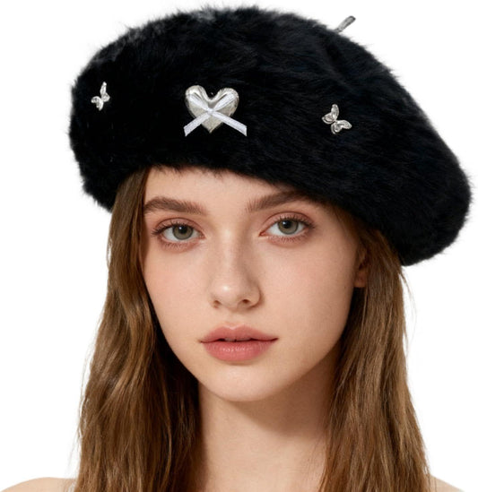 Black faux fur beret with silver bow and butterfly metal gems, womens winter hat