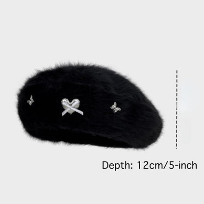 Fuzzy Faux Fur Beret with Heart Bow Butterfly Metal Gems for Women, Winter Atmosphere Artist Hat for A Slim Face Look