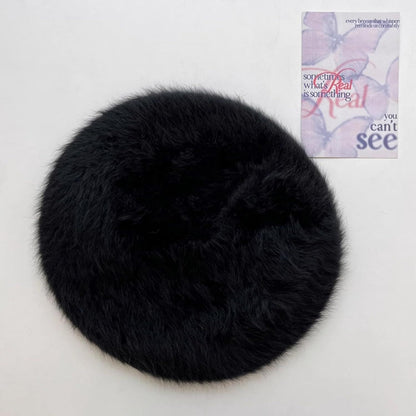 Fuzzy Faux Fur Beret with Heart Bow Butterfly Metal Gems for Women, Winter Atmosphere Artist Hat for A Slim Face Look