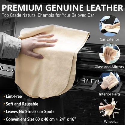 Chamois Cloth for Car 2 Pack Shammy Towel 24'' x 16'' (2.58 sq ft Each) Super Absorbent Car Drying Towel Real Leather Lint Free Streak Free for Car Wash Auto Deng