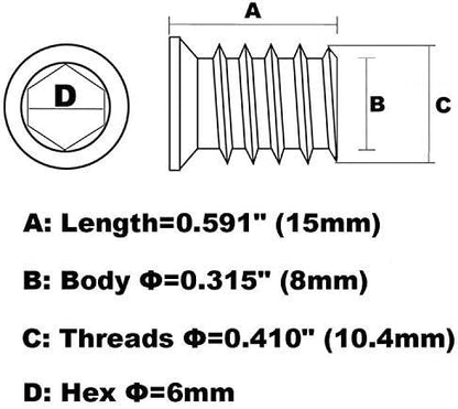 1/4-20 Hex Drive Threaded Inserts for Wood - 40 Pieces