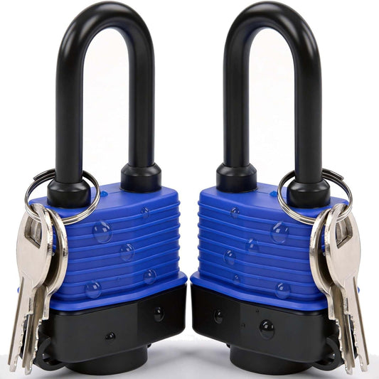 Heavy-duty blue and black padlock with two keys and U-shaped shackle, water cover