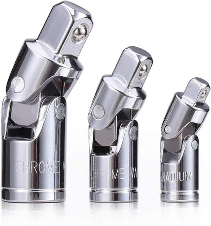 3PCS Universal Joint Socket Set, Chrome Vanadium Steel Swivel Socket Adapter Set, 1/4IN, 3/8IN, 1/2IN Drive Universal Joint Set