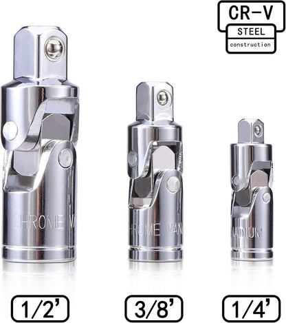 3PCS Universal Joint Socket Set, Chrome Vanadium Steel Swivel Socket Adapter Set, 1/4IN, 3/8IN, 1/2IN Drive Universal Joint Set