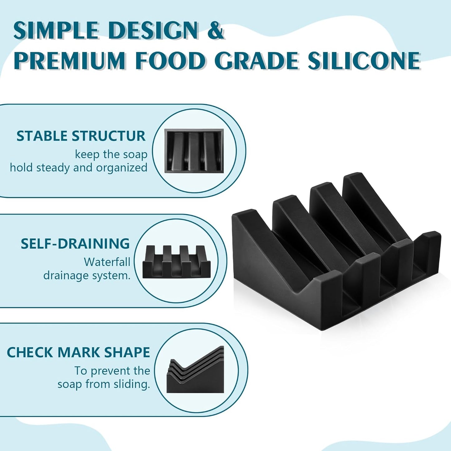 Self Draining Soap Dish Holder,Silicone Soap Dish,for Bathroom,Kitchen, Sponges，Can Extend Soap Life，Keep Soap Bars Dry and Easy Cleaning (Black,1-Pack)