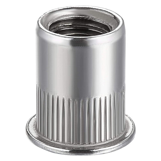 Stainless steel flat-head rivnut with knurled body and threaded insert